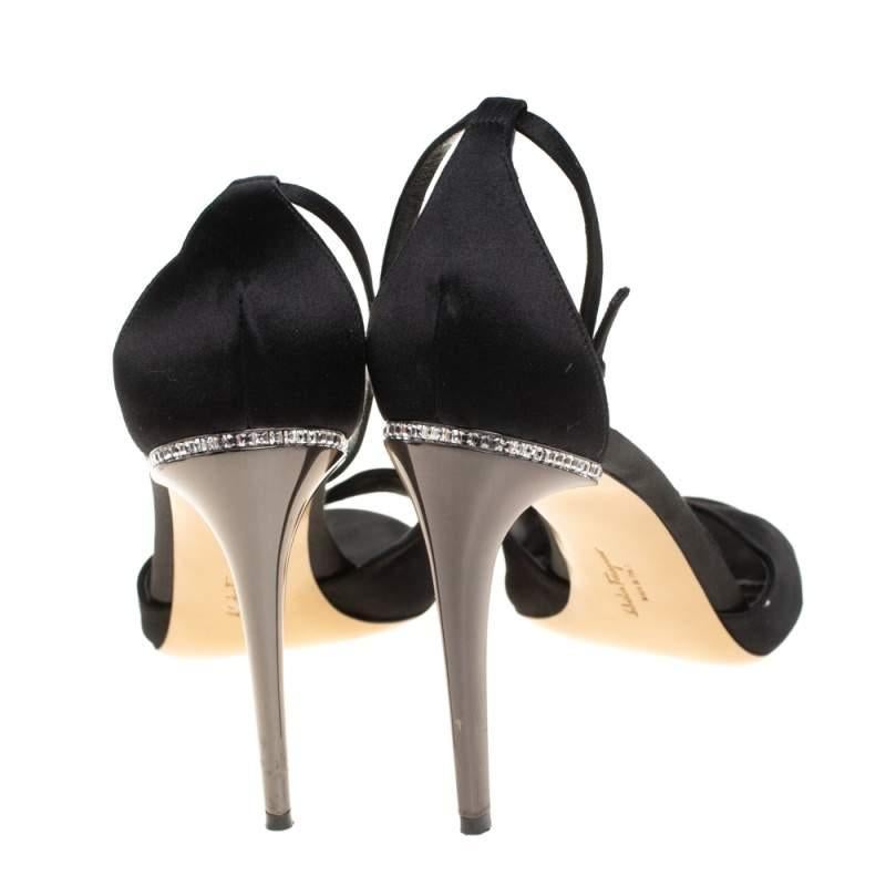 Salvatore Ferragamo Black Satin Embellished Heel Ankle Strap Sandals Size 40 1