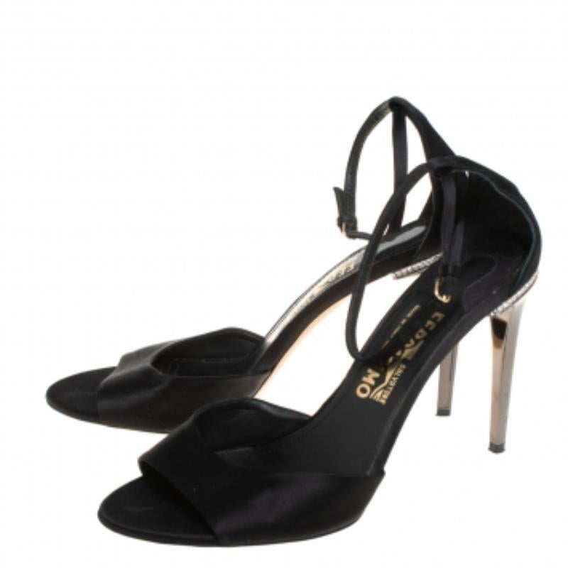 Salvatore Ferragamo Black Satin Embellished Heel Ankle Strap Sandals Size 40 For Sale 2