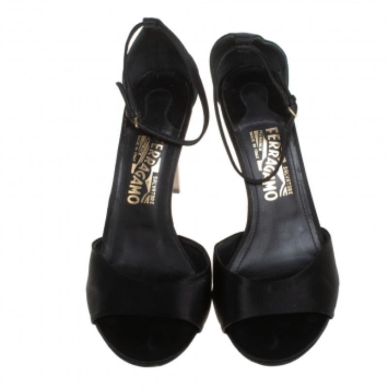 Salvatore Ferragamo Black Satin Embellished Heel Ankle Strap Sandals Size 40 For Sale 3