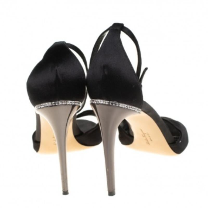 Salvatore Ferragamo Black Satin Embellished Heel Ankle Strap Sandals Size 40 For Sale 4