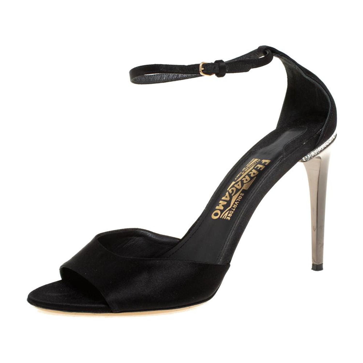 Salvatore Ferragamo Black Satin Embellished Heel Ankle Strap Sandals Size  40 For Sale at 1stDibs