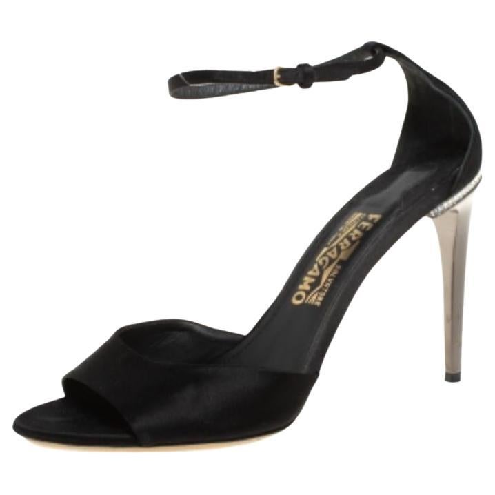Salvatore Ferragamo Black Satin Embellished Heel Ankle Strap Sandals Size 40 For Sale