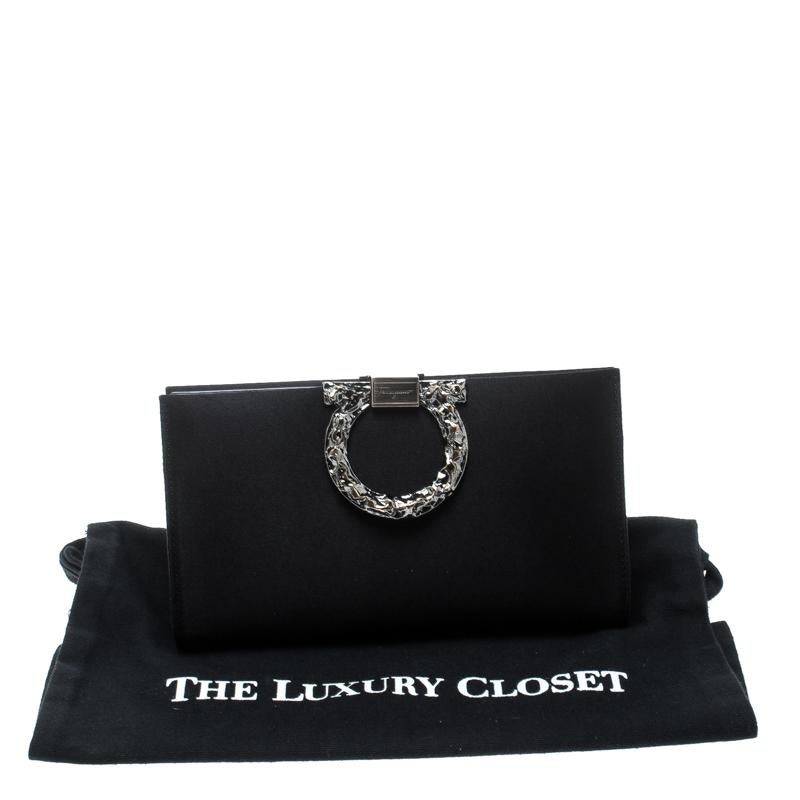 Salvatore Ferragamo Black Satin Gancini Clutch 8