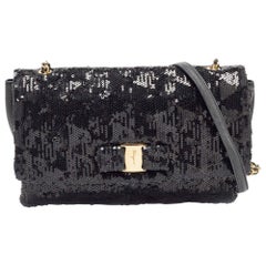 Salvatore Ferragamo Black Sequin and Leather Vara Bow Shoulder Bag