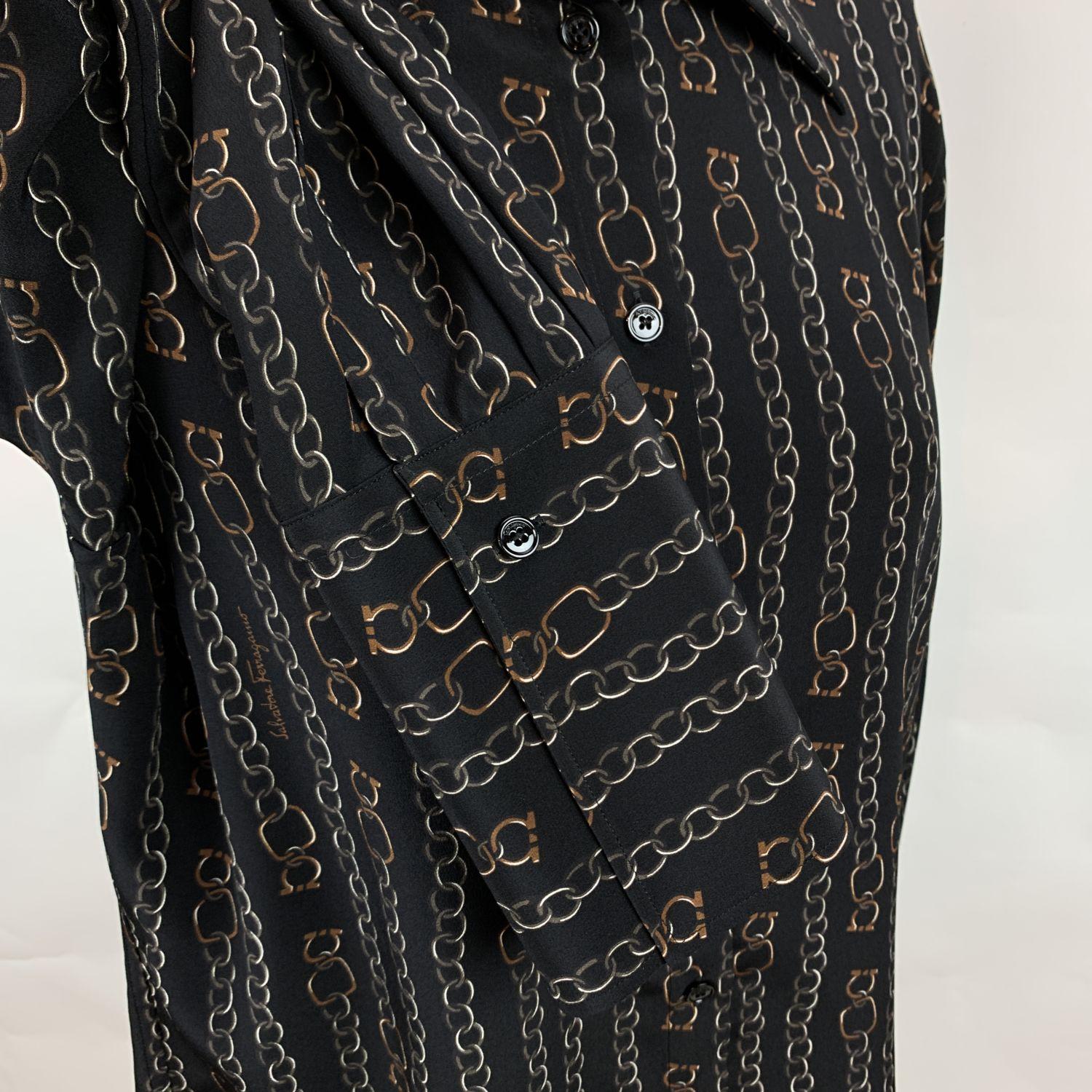 Salvatore Ferragamo Black Silk Catene Print Shirt Size 42 IT 1