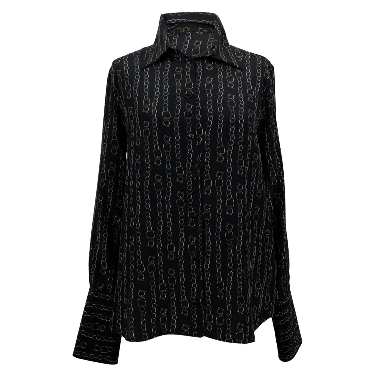Salvatore Ferragamo Black Silk Catene Print Shirt Size 42 IT