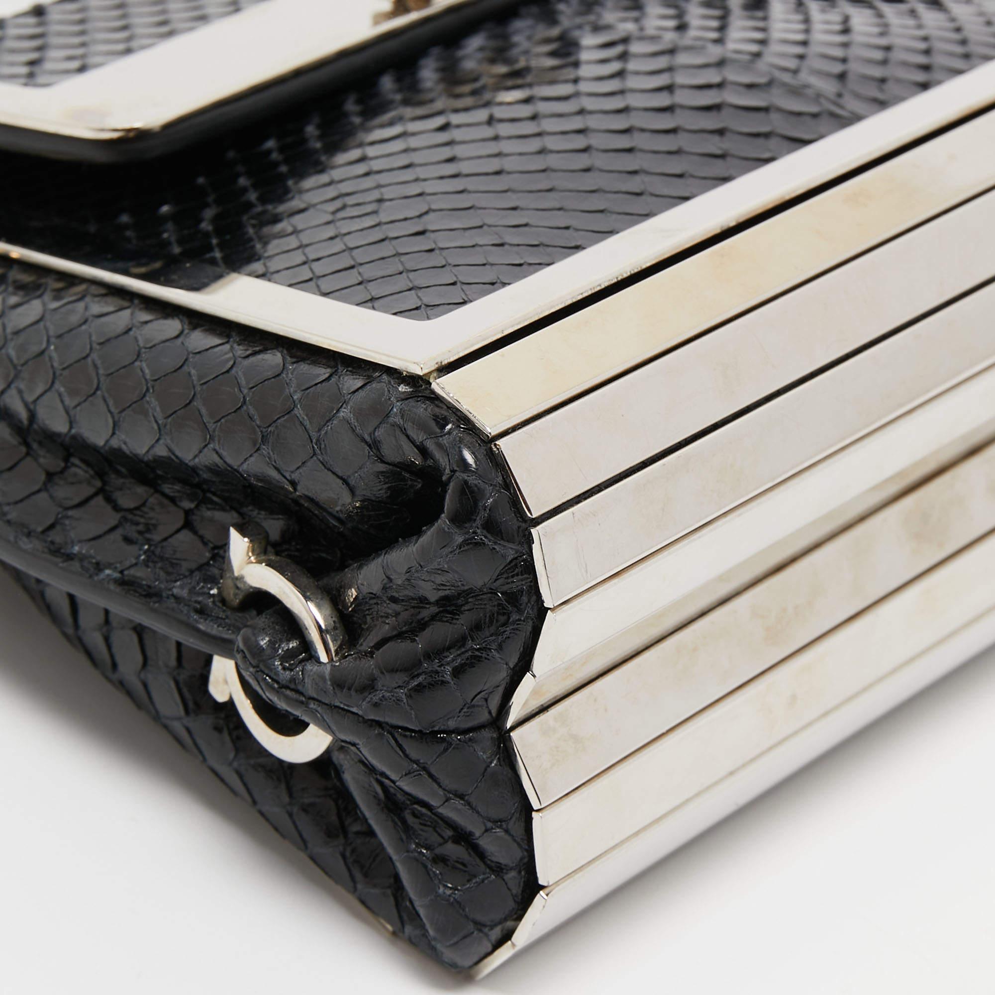 Salvatore Ferragamo Black/Silver Snakeskin Mini Sopia Frame Bag For Sale 6