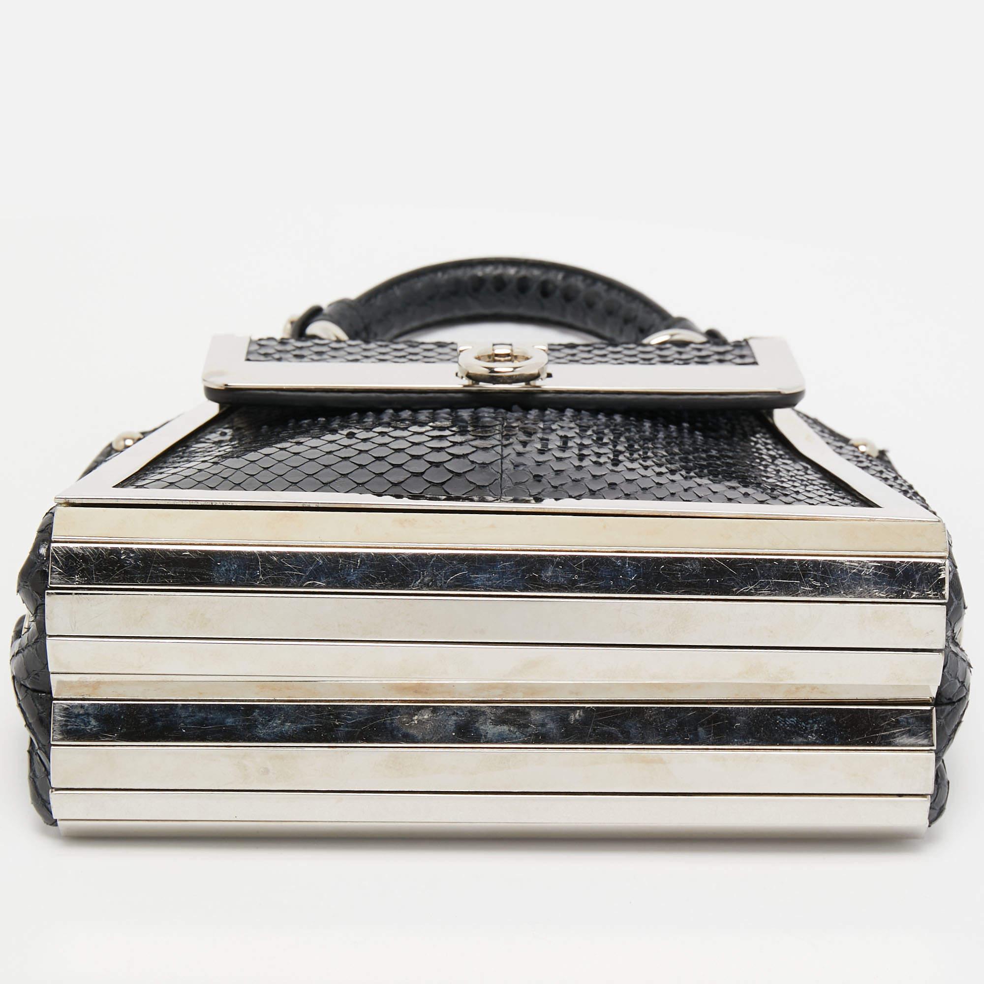 Salvatore Ferragamo Black/Silver Snakeskin Mini Sopia Frame Bag For Sale 7