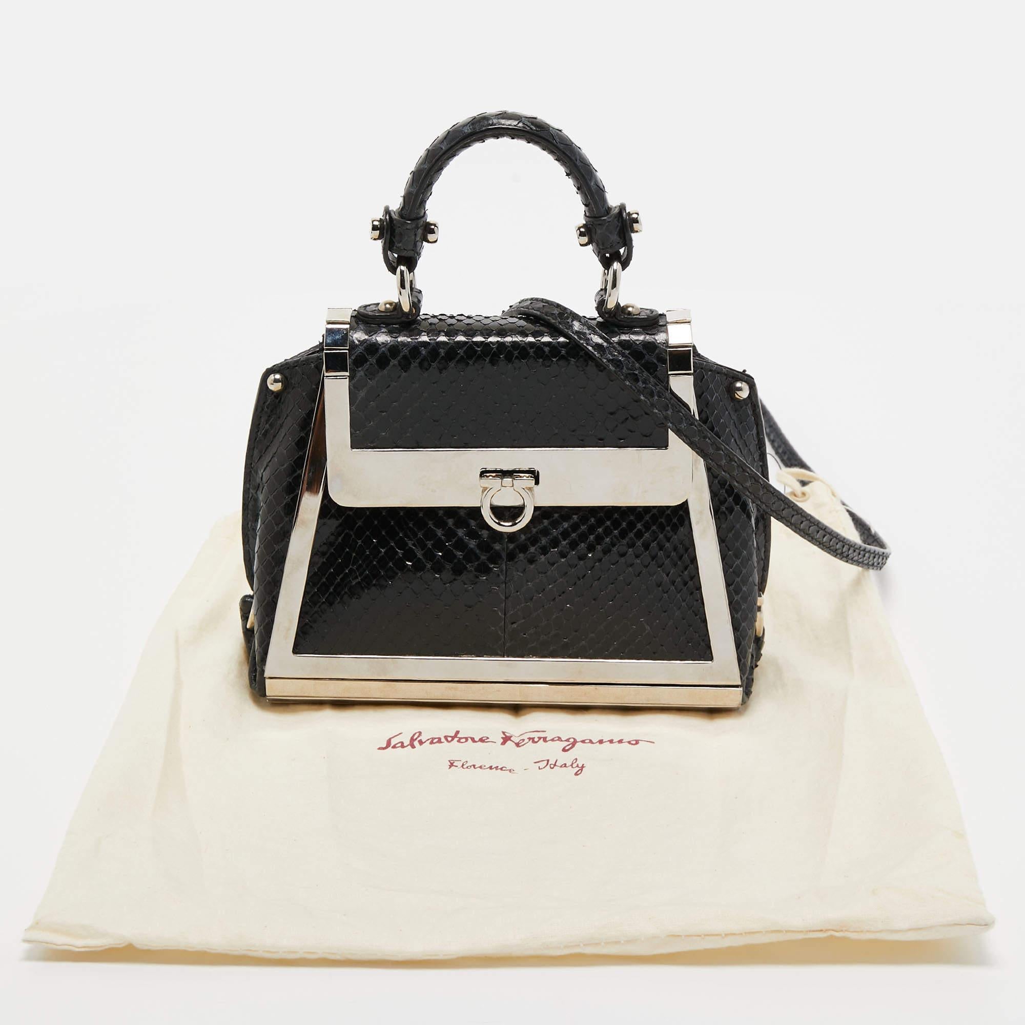 Salvatore Ferragamo Black/Silver Snakeskin Mini Sopia Frame Bag For Sale 9