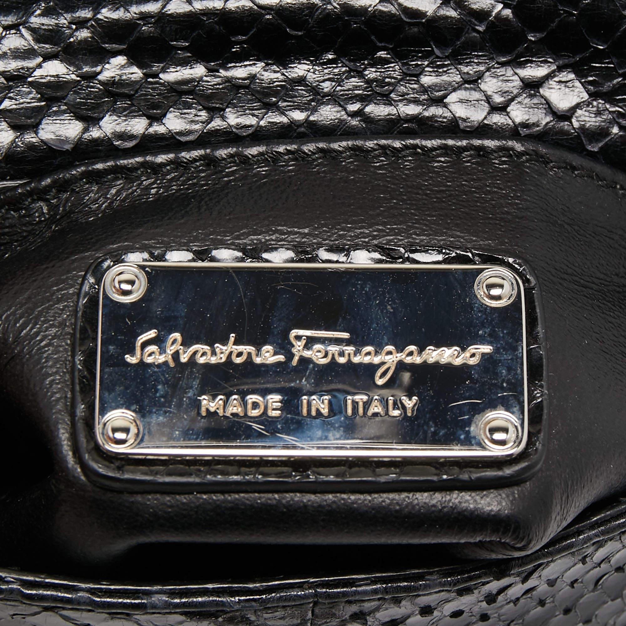 Salvatore Ferragamo Black/Silver Snakeskin Mini Sopia Frame Bag For Sale 3