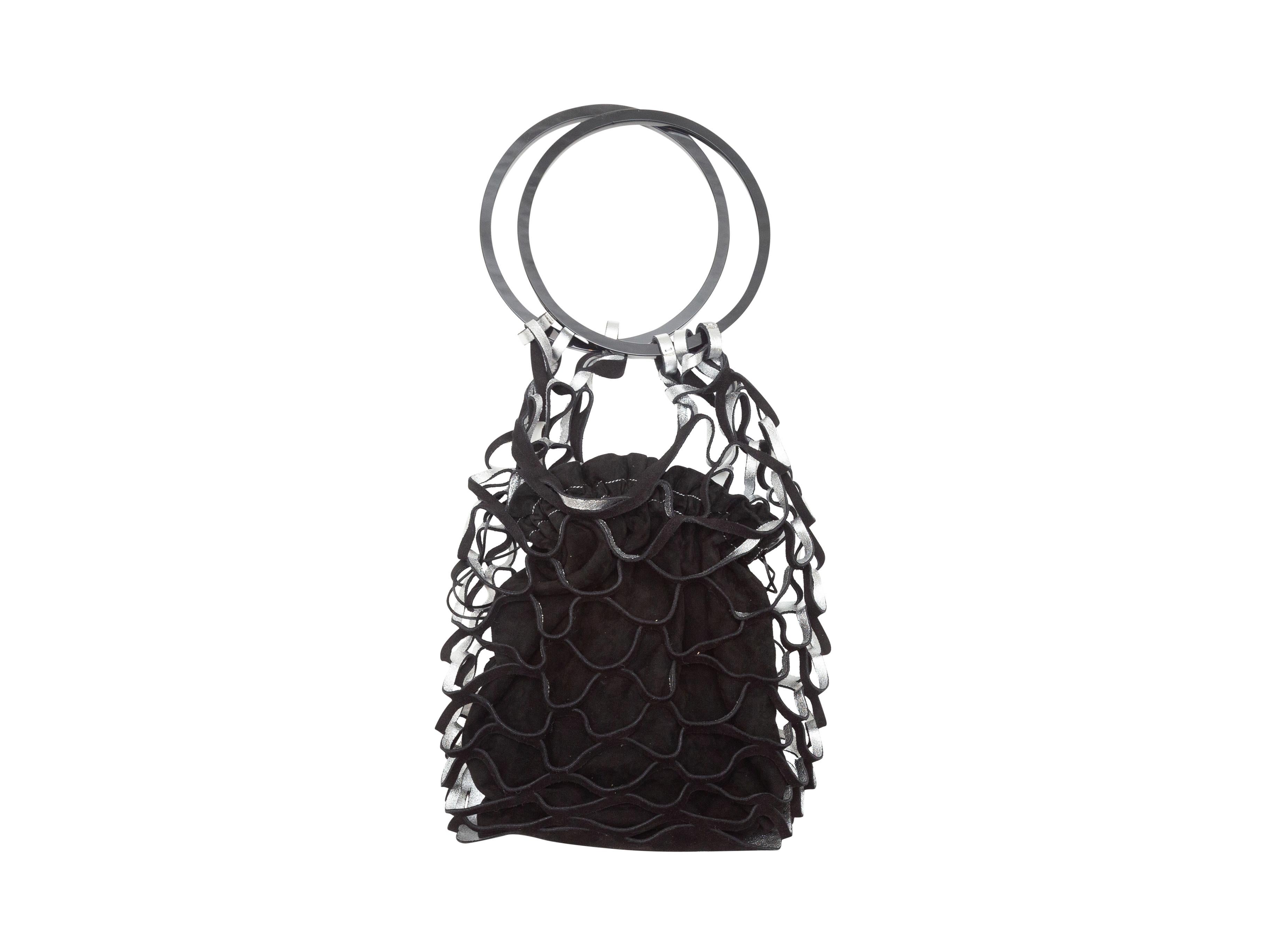Product details: Black & Silver Salvatore Ferragamo Suede Net Handbag. This bag features a suede body and dual metal ring handles. 9.5