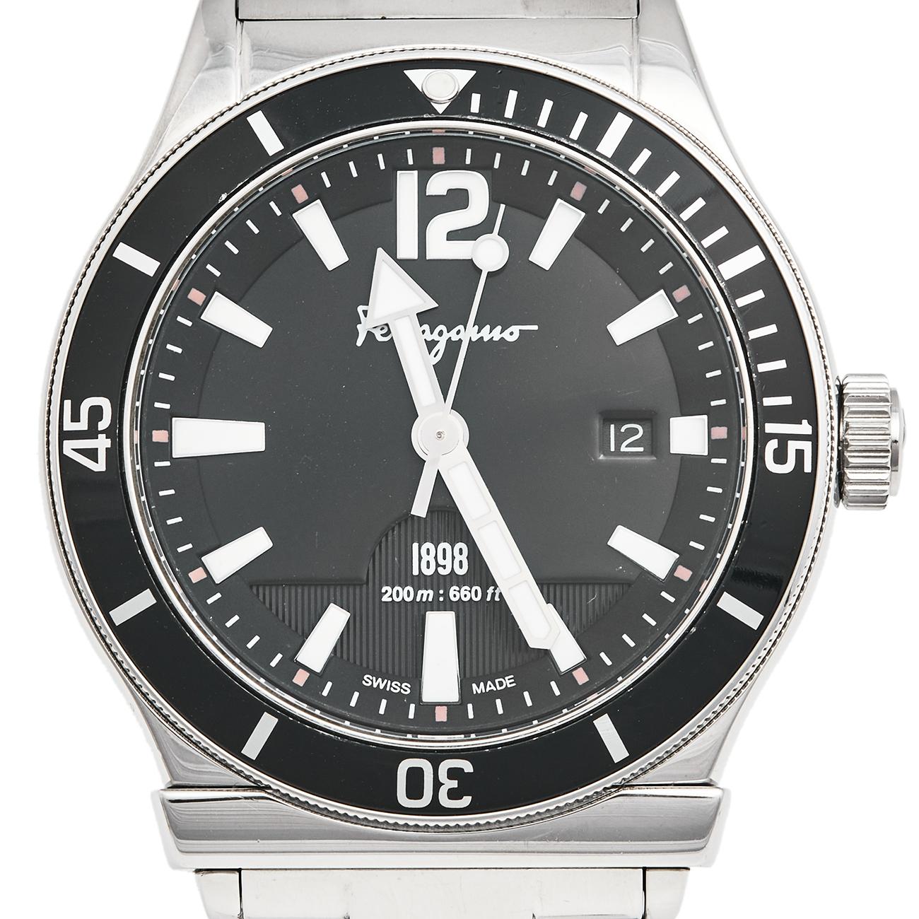 Contemporary Salvatore Ferragamo Black Stainless Steel 1898 FF3 Men's Wristwatch 43 mm