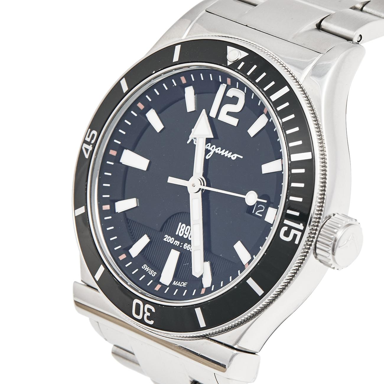Salvatore Ferragamo Black Stainless Steel 1898 FF3 Men's Wristwatch 43 mm In Good Condition In Dubai, Al Qouz 2