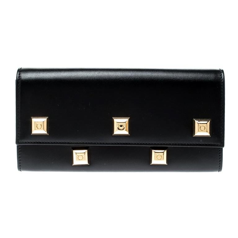 Salvatore Ferragamo Black Studded Leather Continental Wallet