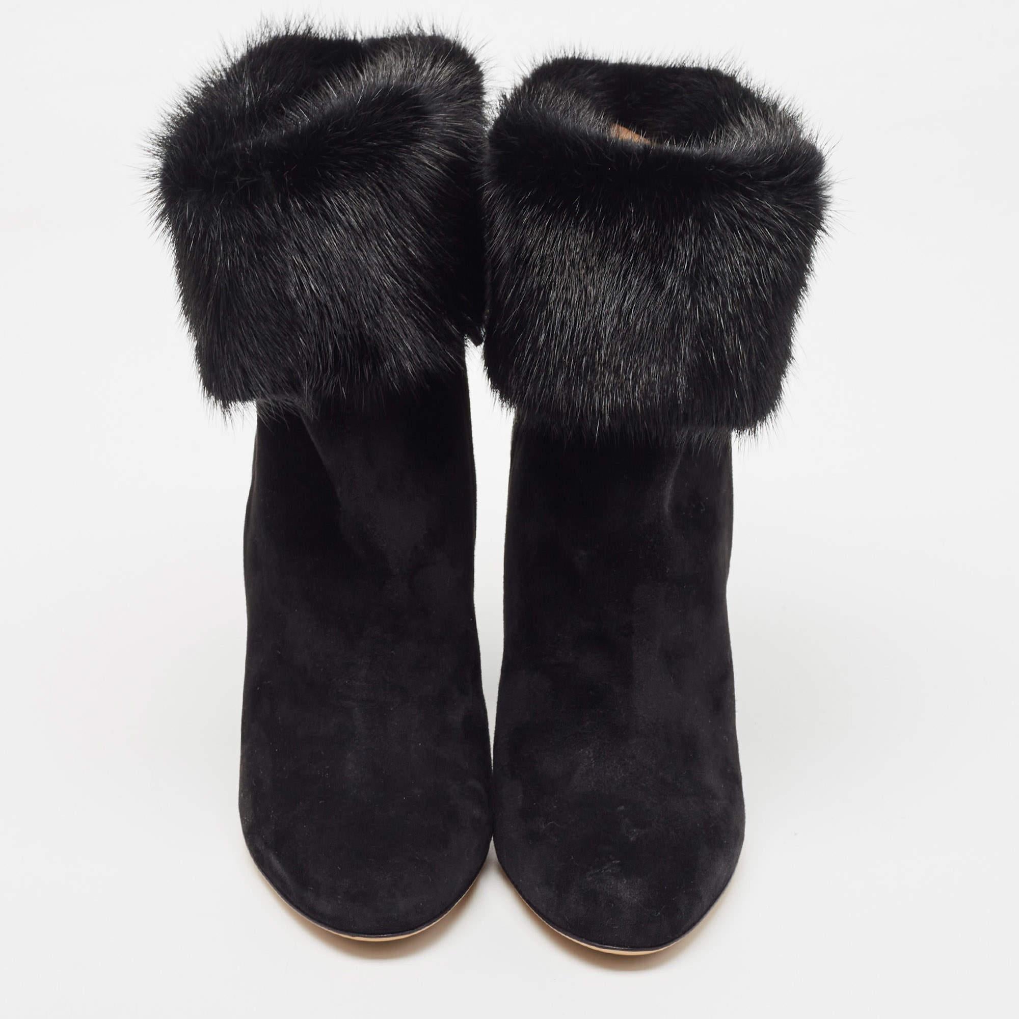 Women's Salvatore Ferragamo Black Suede and Fur Loris Ankle Boots Size 37.5 For Sale