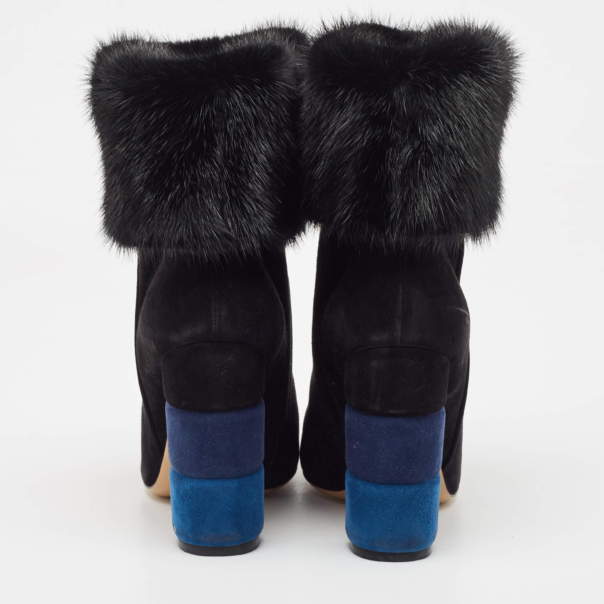 Salvatore Ferragamo Black Suede and Fur Loris Ankle Boots Size 37.5 For Sale 1