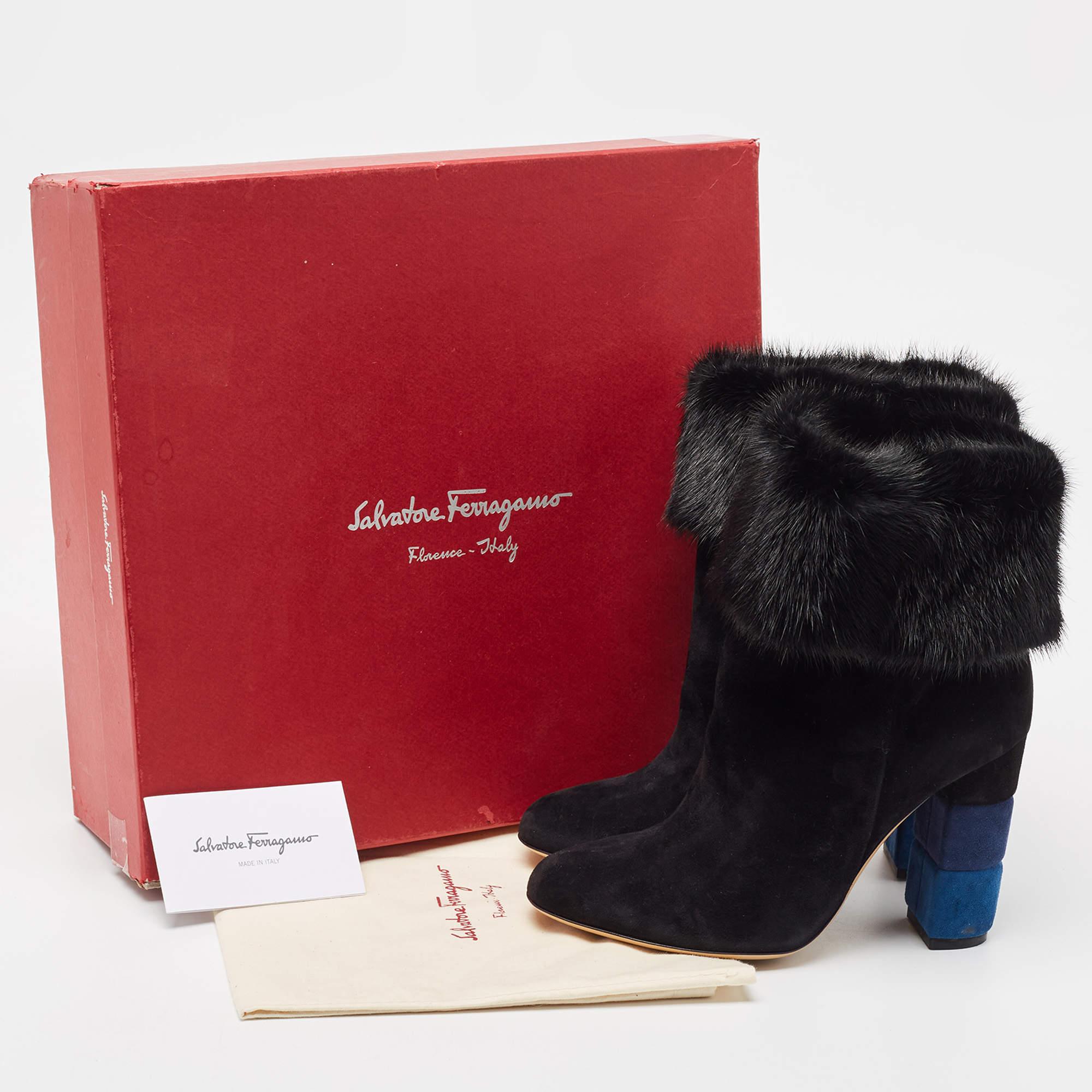 Salvatore Ferragamo Black Suede and Fur Loris Ankle Boots Size 37.5 For Sale 5