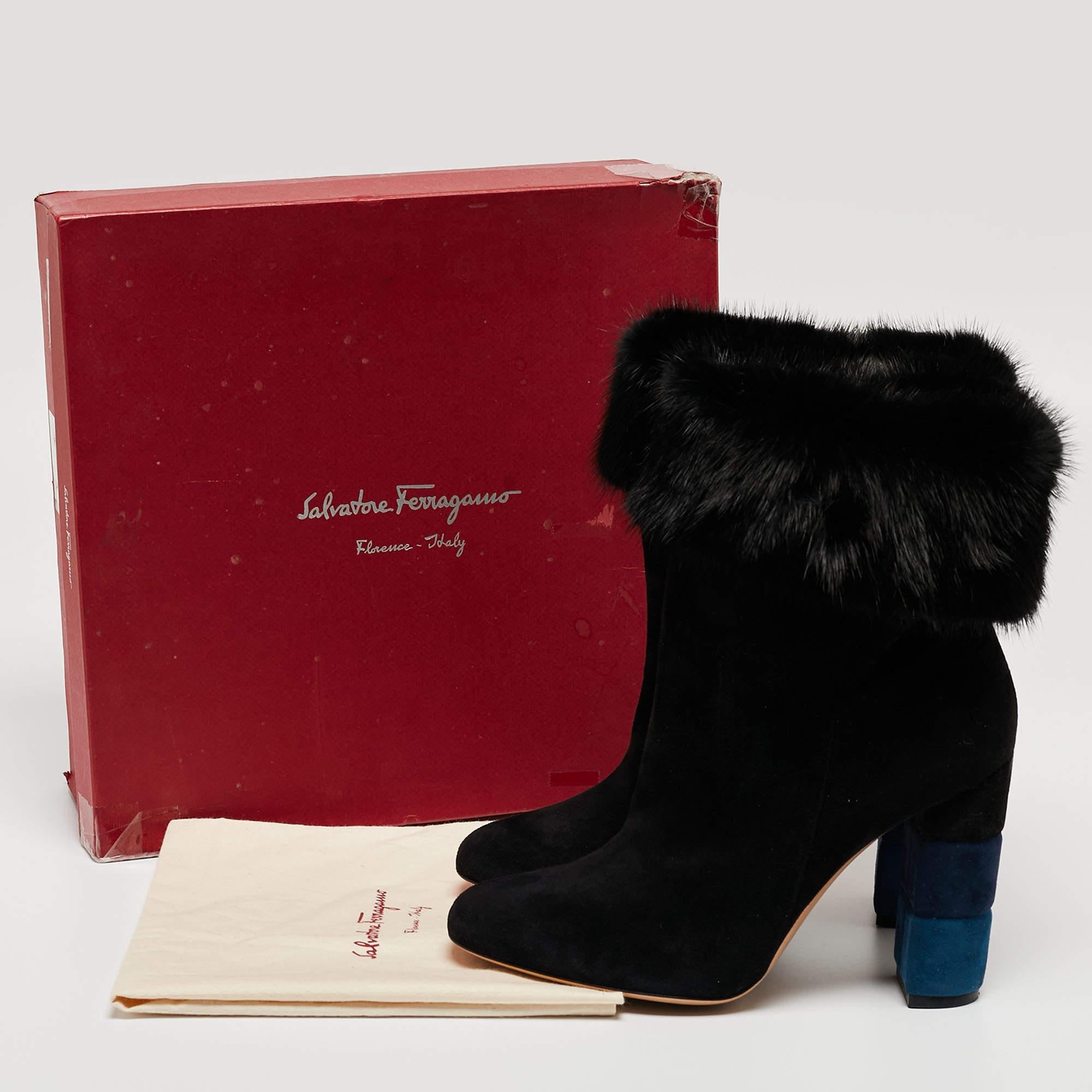 Salvatore Ferragamo Black Suede and Fur Loris Ankle Boots Size 40 For Sale 7