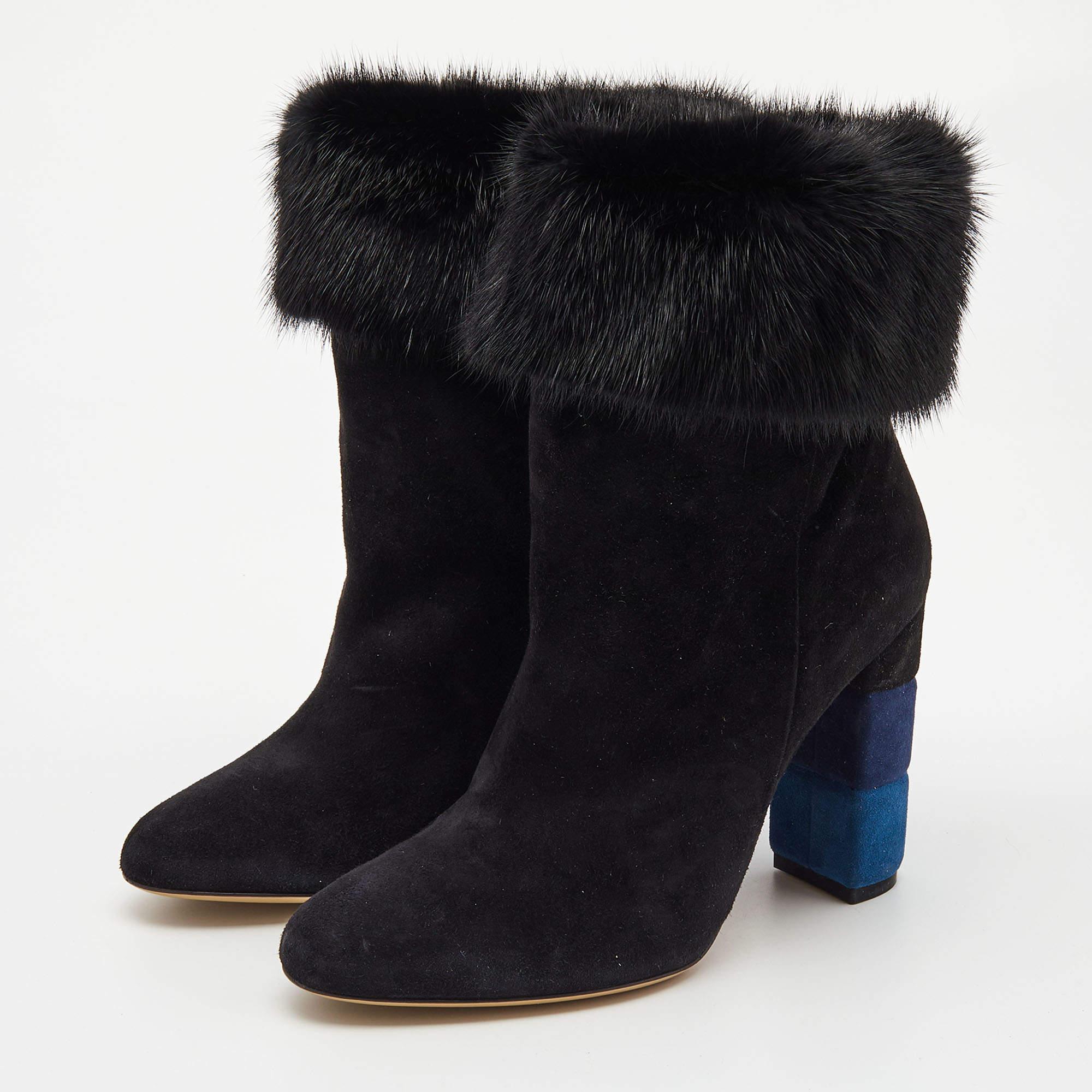 Women's Salvatore Ferragamo Black Suede and Fur Loris Ankle Boots Size 40