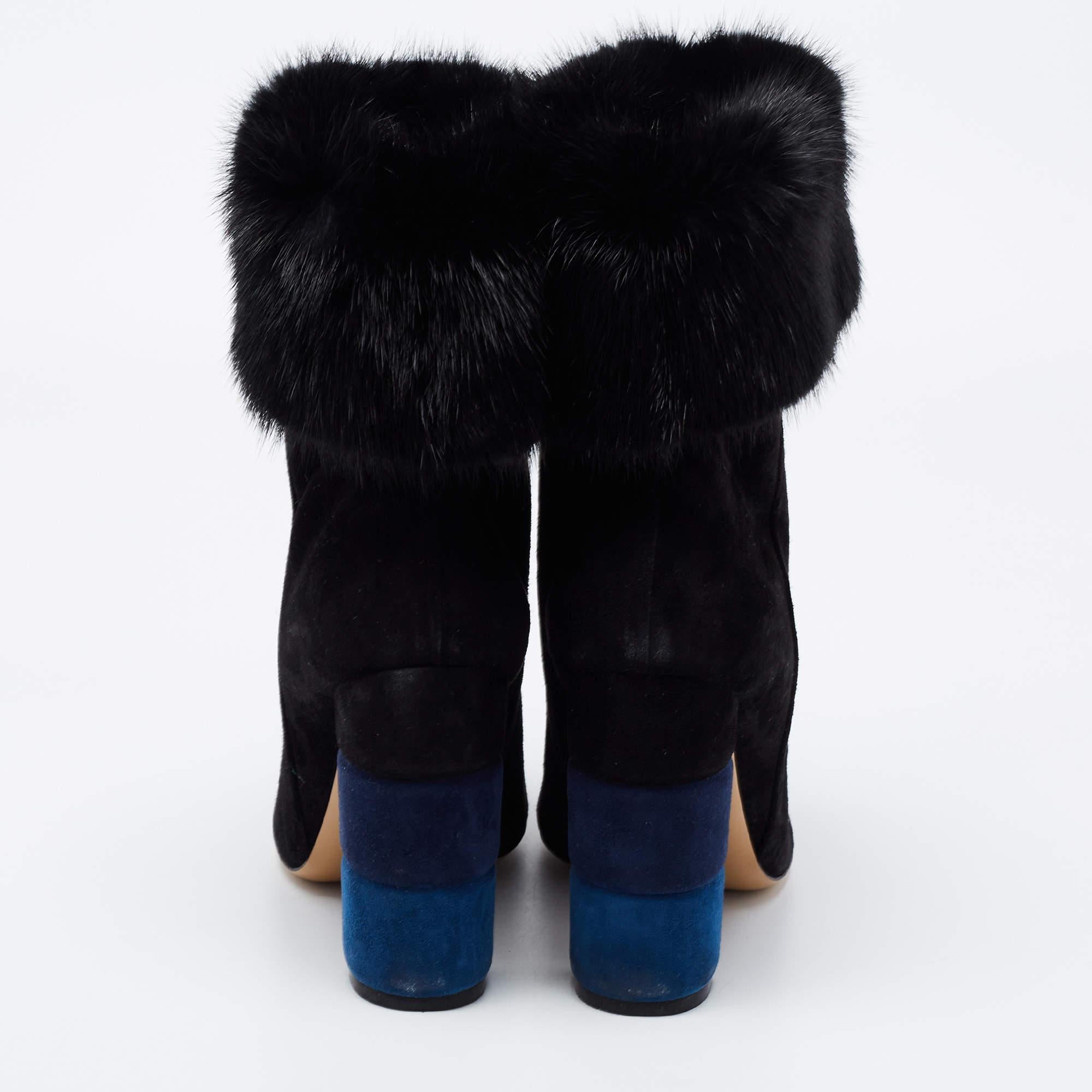 Salvatore Ferragamo Black Suede and Fur Loris Ankle Boots Size 40 1