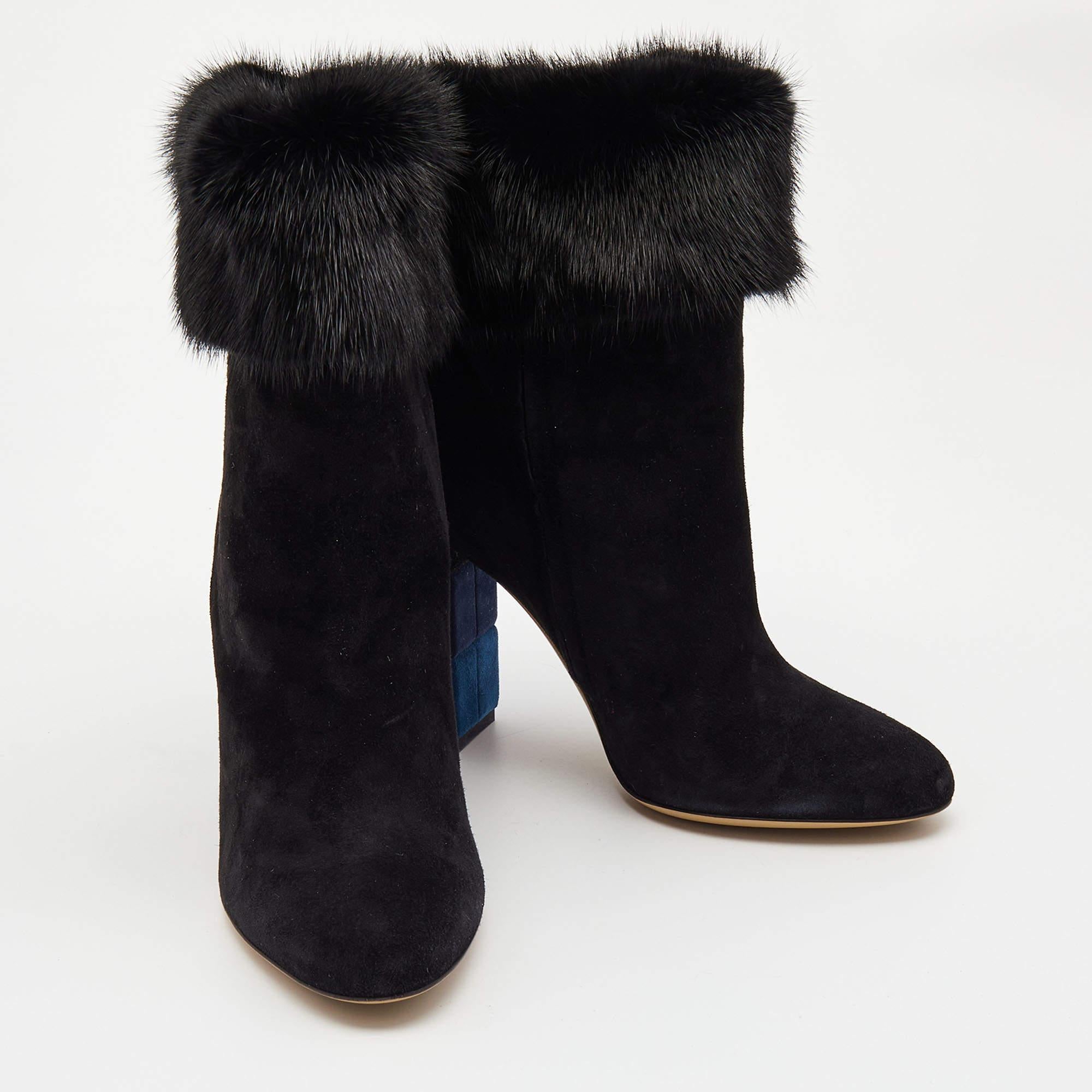 Salvatore Ferragamo Black Suede and Fur Loris Ankle Boots Size 40 1