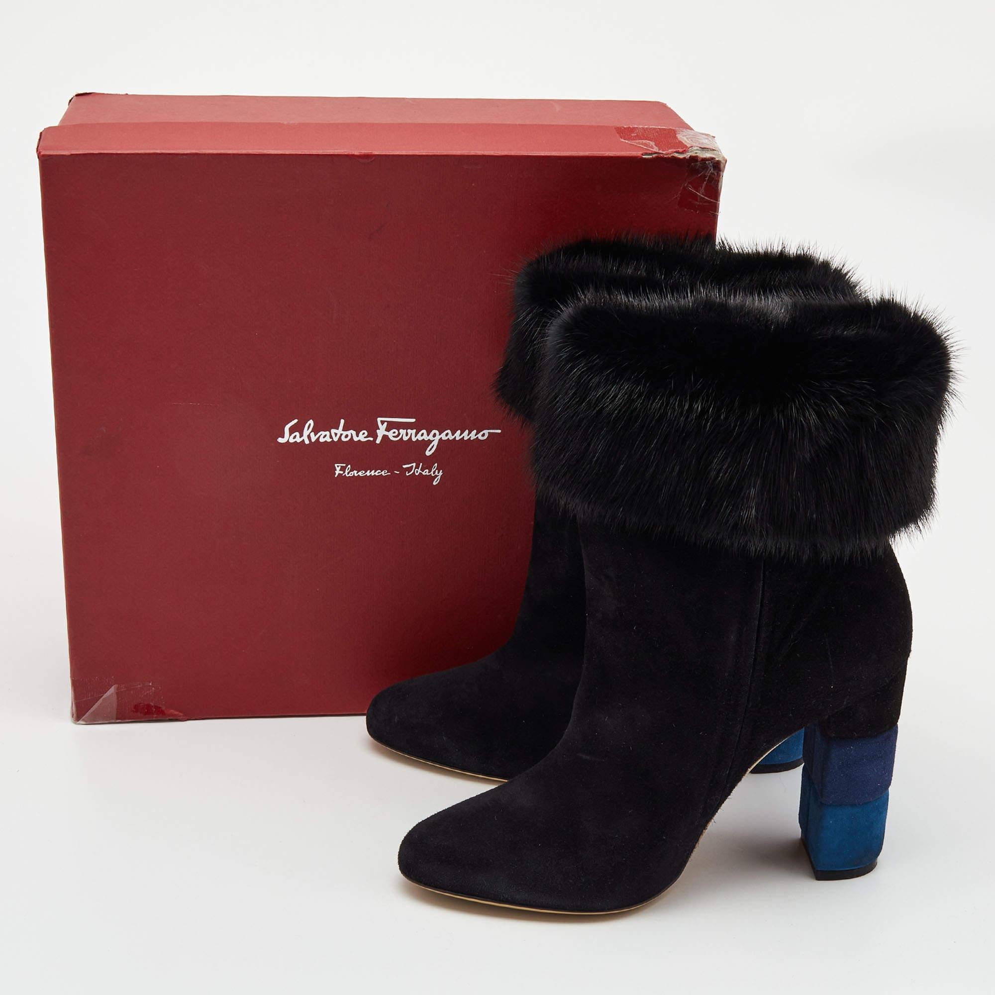 Salvatore Ferragamo Black Suede and Fur Loris Ankle Boots Size 40 2