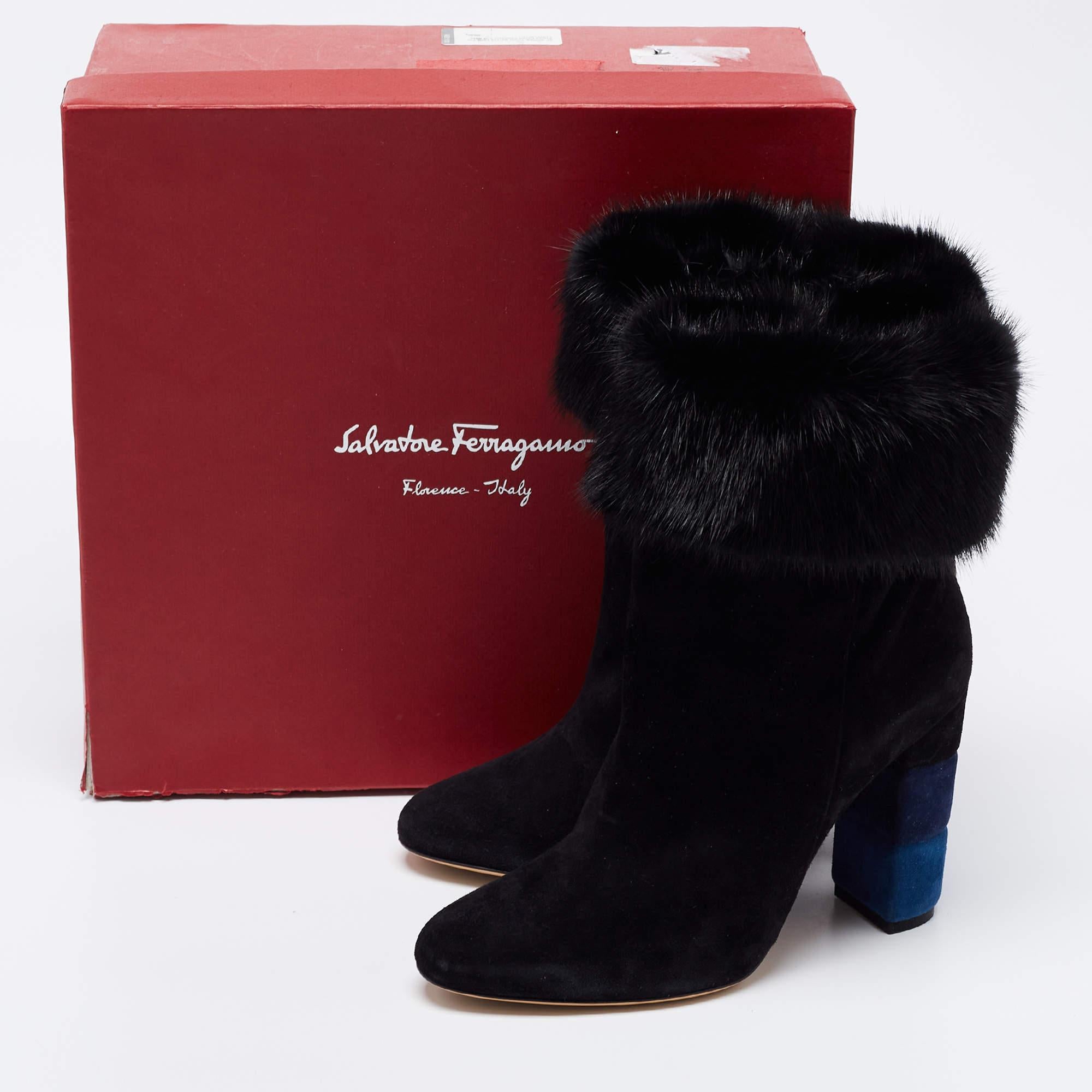 Salvatore Ferragamo Black Suede and Fur Loris Ankle Boots Size 40 5