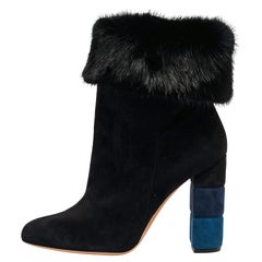 Salvatore Ferragamo Black Suede and Fur Loris Ankle Boots Size 40