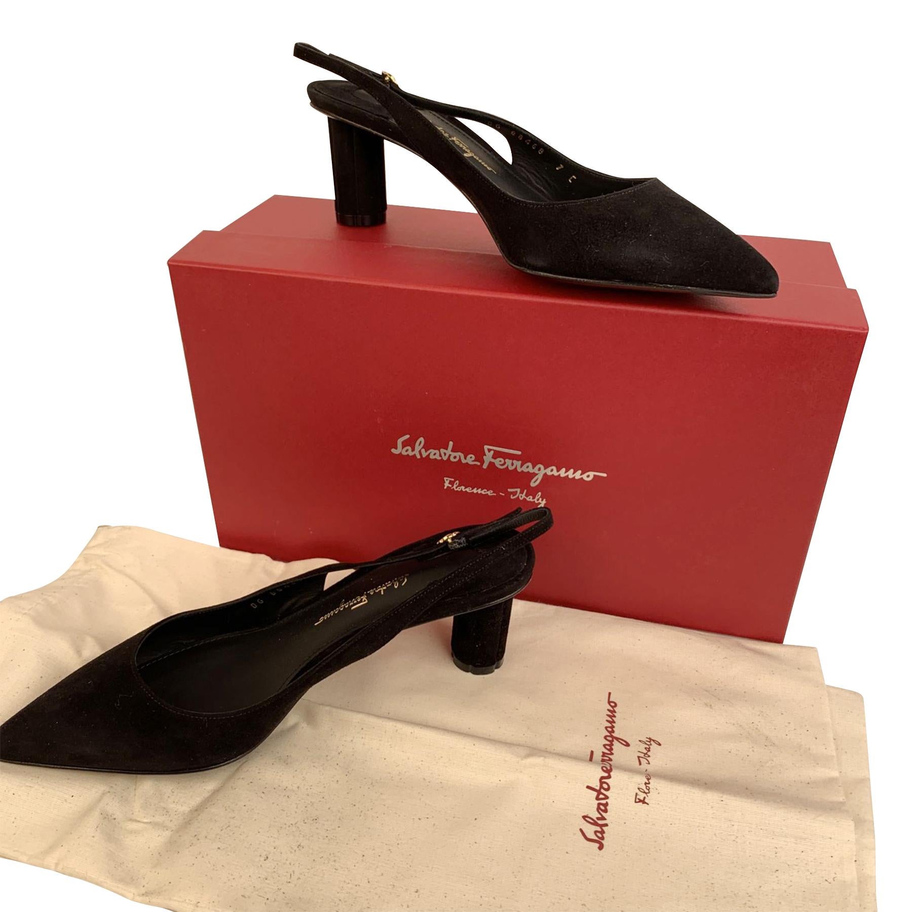 Women's Salvatore Ferragamo Black Suede Buti 55 Slingback Shoes Size 7.5C 38C