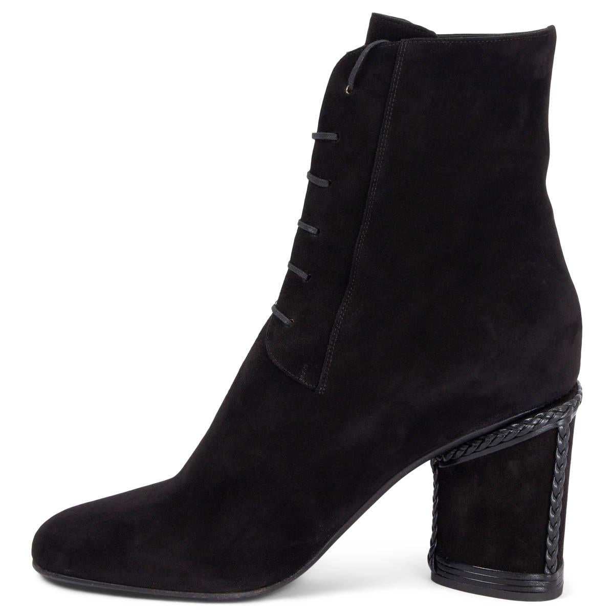 Black SALVATORE FERRAGAMO black suede CHANA Lace-Up Block Heel Ankle Boots Shoes 40.5 For Sale