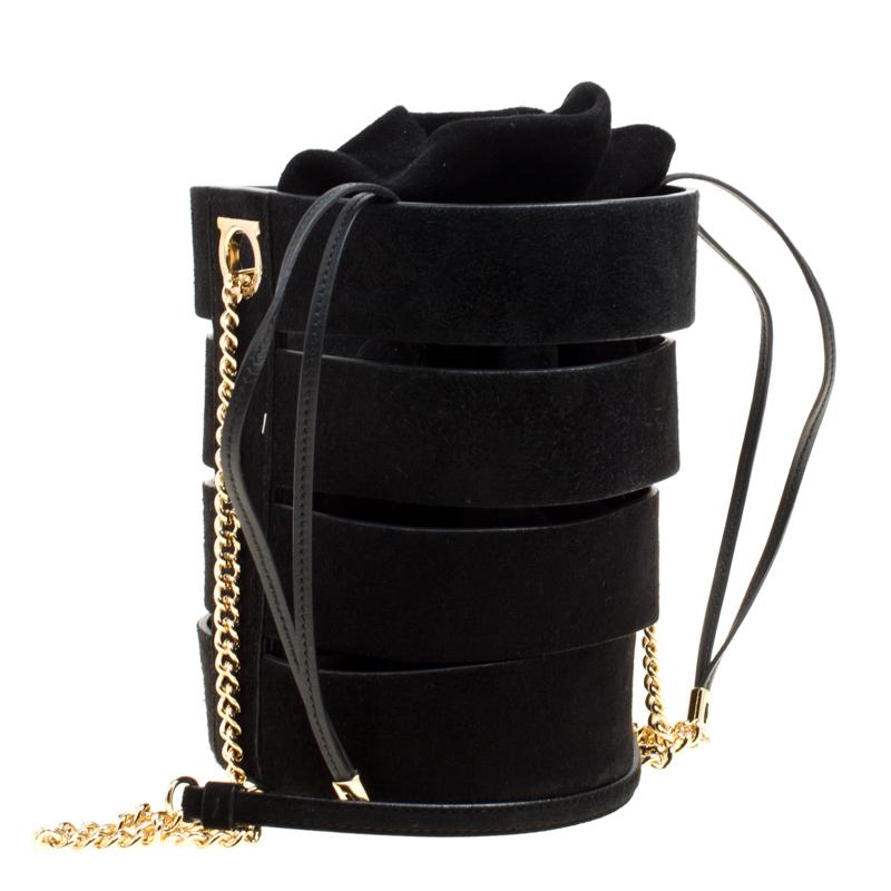 Salvatore Ferragamo Black Suede Cocktail Bucket Bag 6