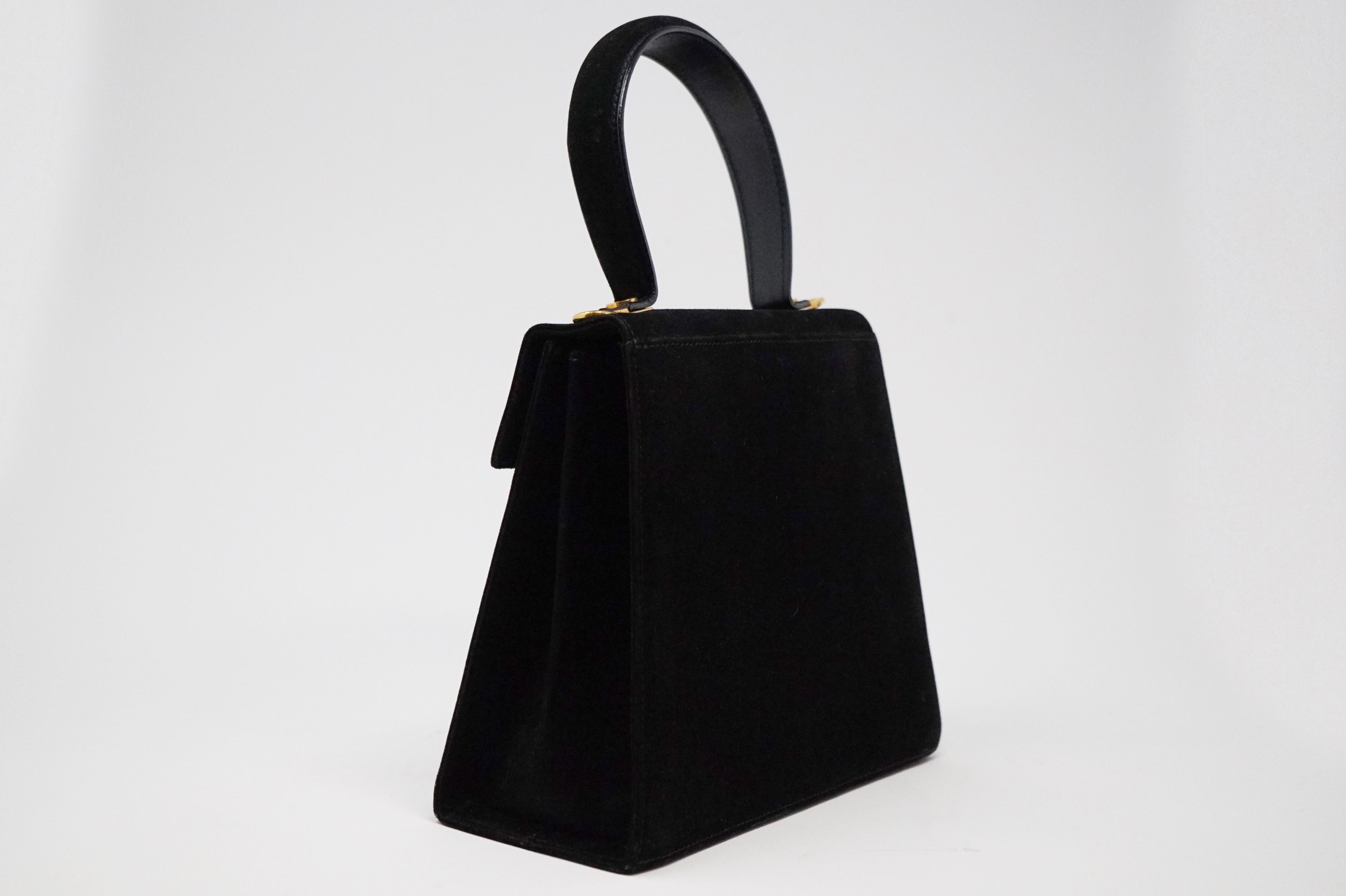 Salvatore Ferragamo Black Suede Kelly Style Vintage Handbag In Excellent Condition In McKinney, TX