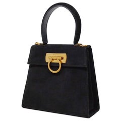 Salvatore Ferragamo - Sac à main vintage en daim noir style Kelly