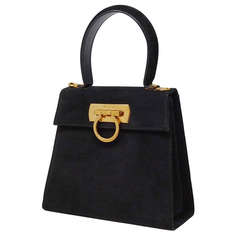 Salvatore Ferragamo Black Suede Kelly Style Vintage Handbag For Sale at