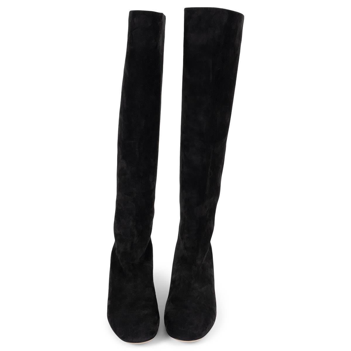 100% authentic Salvatore Ferragamo Vetto 55 knee-high block-heel boots in black suede. The design features a round-toe, pull-on style, a gold-tone spike stud at the top back and a gold-tone insert at the heel. Brand new. Come with dust bag.
