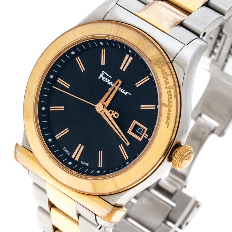From Salvatore Ferragamo comes this charming watch that is ideal for everyday use. Swiss made, it has a two-tone stainless steel body and it follows a quartz movement. The black dial has twin index hour markers, minute markers around the outer rim