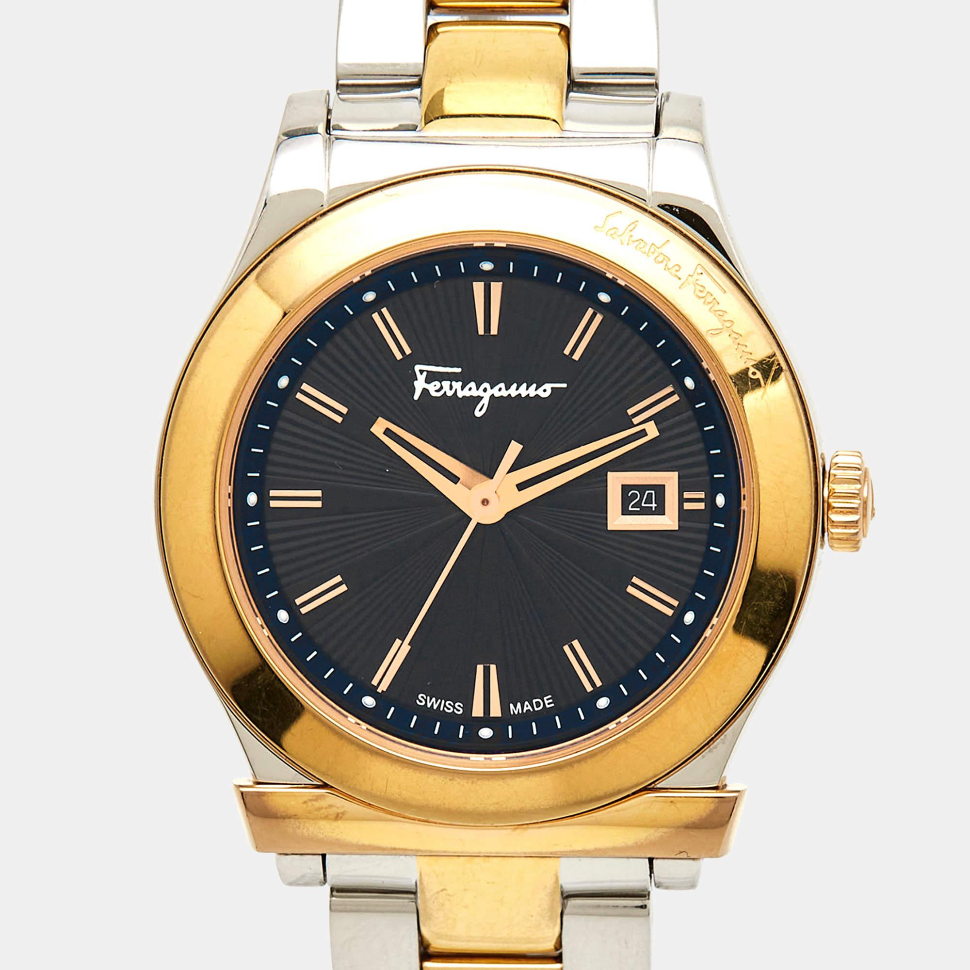 salvatore ferragamo classic two-tone stainless steel blue dial swiss quartz men's watch