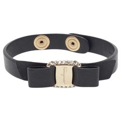 Salvatore Ferragamo Black Vara Bow Embellished Leather Gold Tone Bracelet