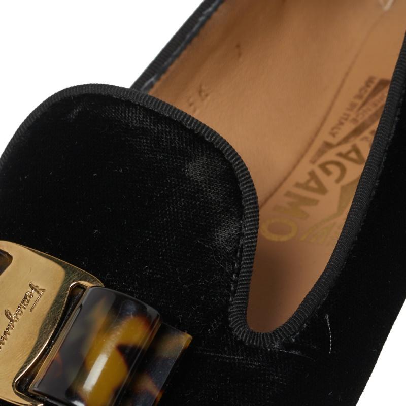 Salvatore Ferragamo Black Velvet Bow Detail Smoking Slippers Size 37.5 For Sale 1