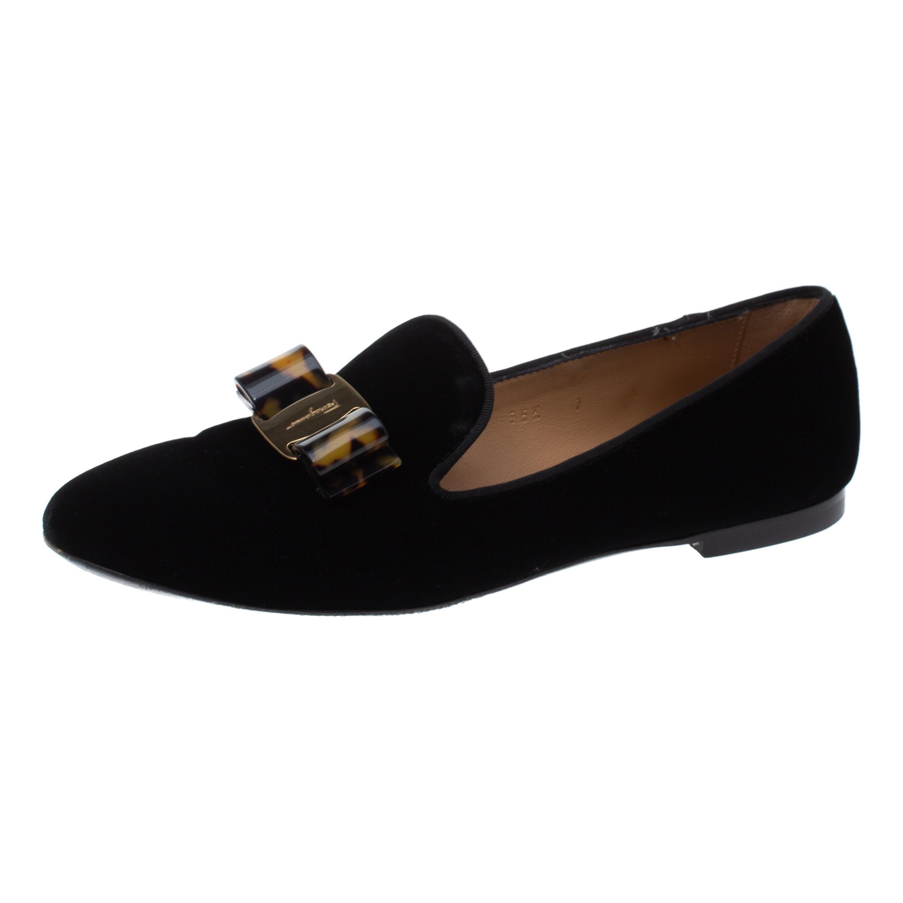 Salvatore Ferragamo Black Velvet Bow Detail Smoking Slippers Size 37.5 For Sale