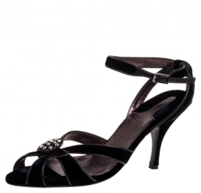 Women's Salvatore Ferragamo Black Velvet Embellished Strappy Sandals Size 40.5 For Sale