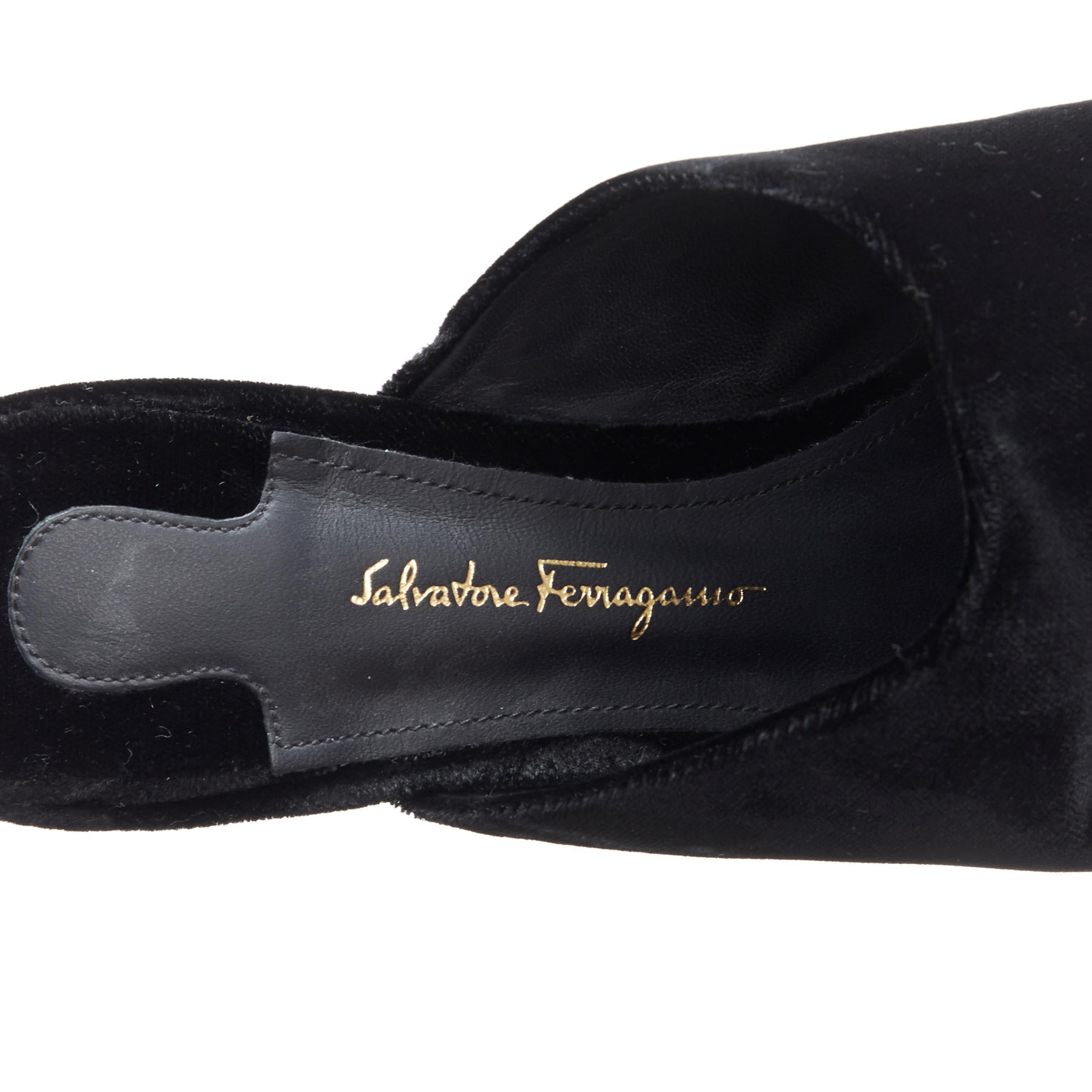 SALVATORE FERRAGAMO black velvet gold sculpted heel almond toe mule heel EU37 5