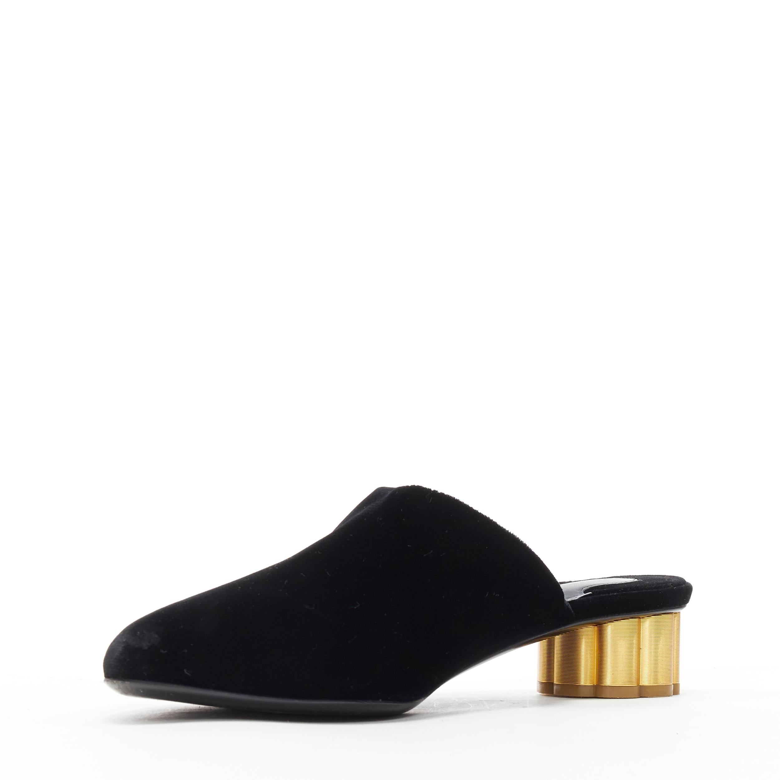 SALVATORE FERRAGAMO black velvet gold sculpted heel almond toe mule heel EU37 In Excellent Condition In Hong Kong, NT