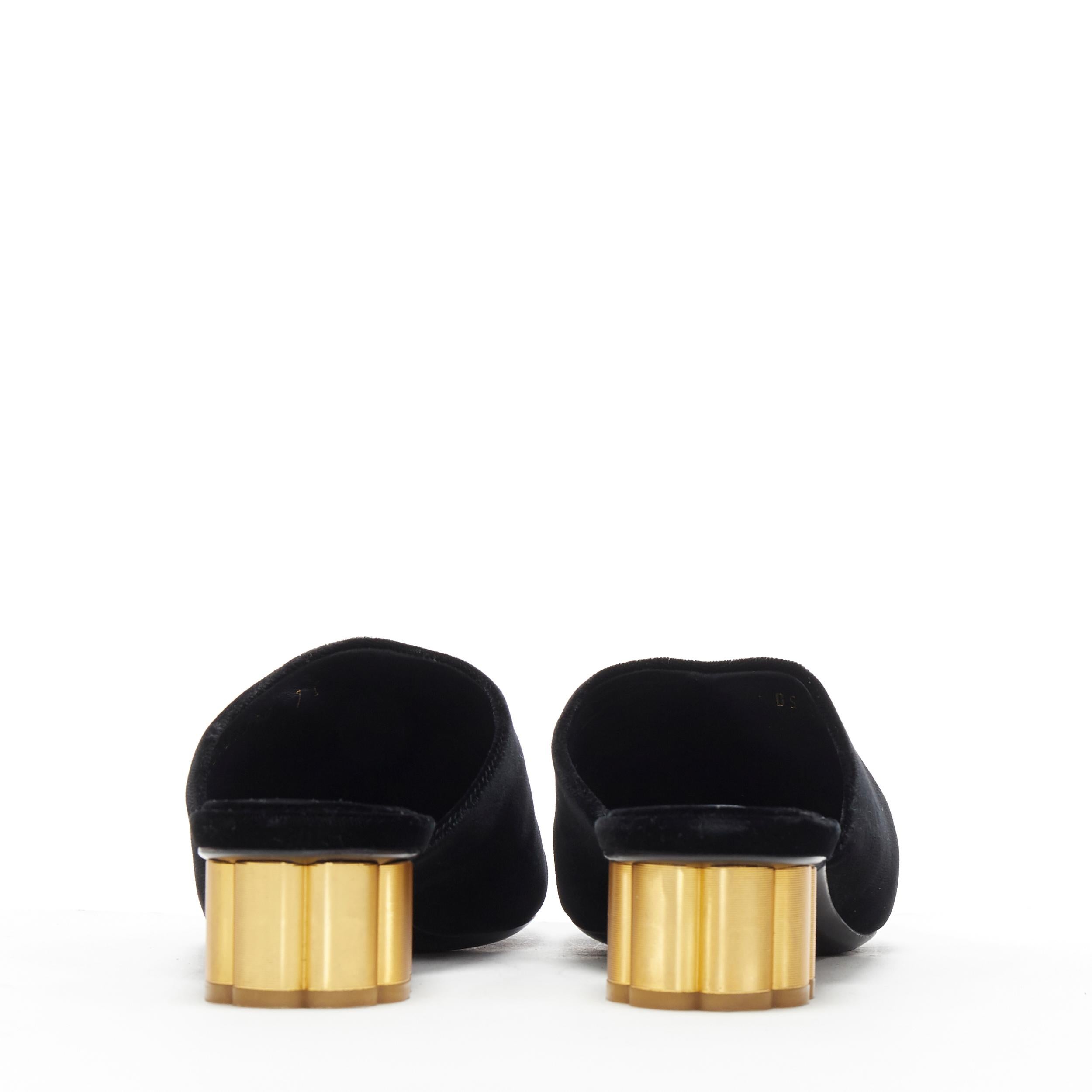 Women's SALVATORE FERRAGAMO black velvet gold sculpted heel almond toe mule heel EU37