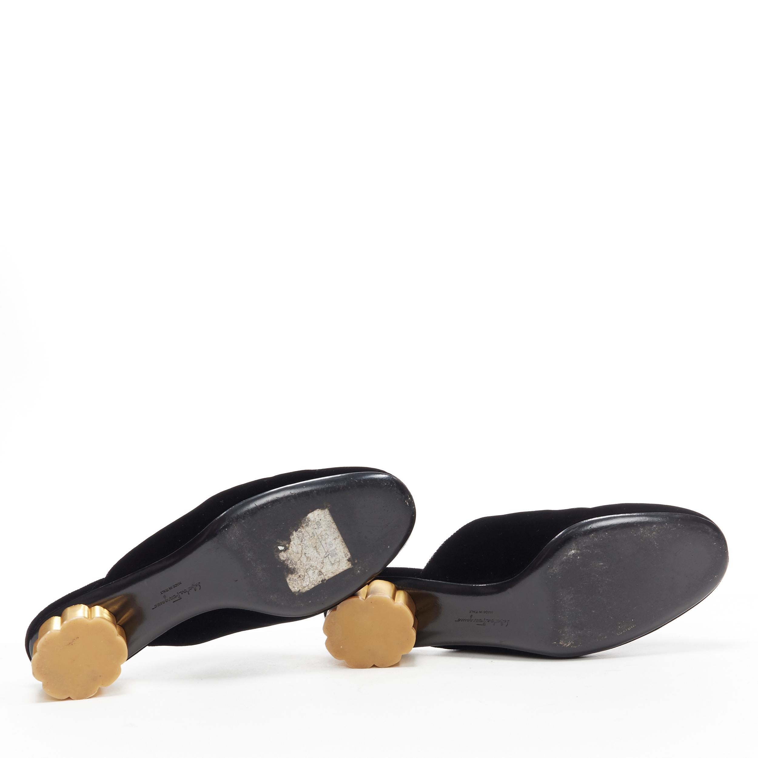 SALVATORE FERRAGAMO black velvet gold sculpted heel almond toe mule heel EU37 1