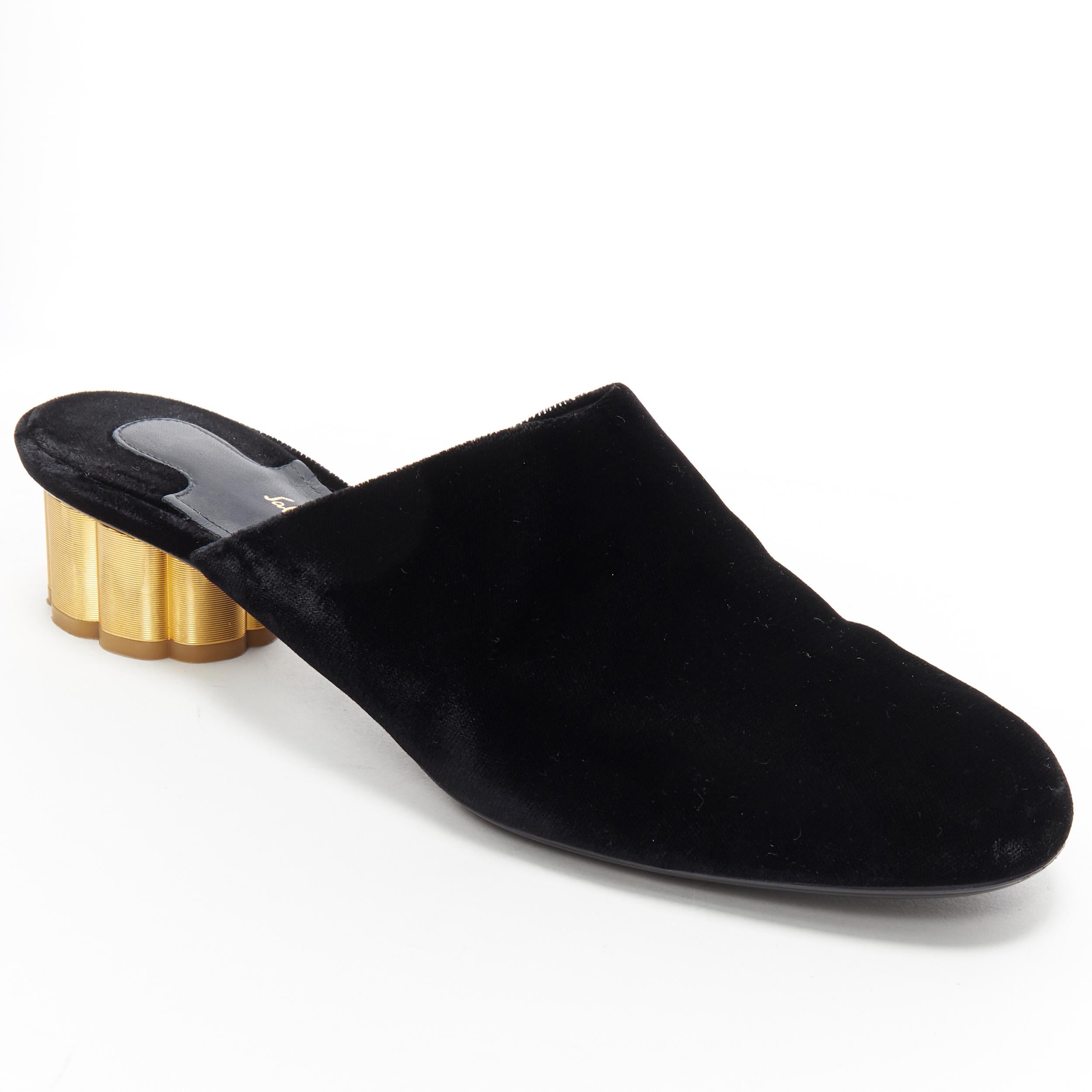 SALVATORE FERRAGAMO black velvet gold sculpted heel almond toe mule heel EU37 2