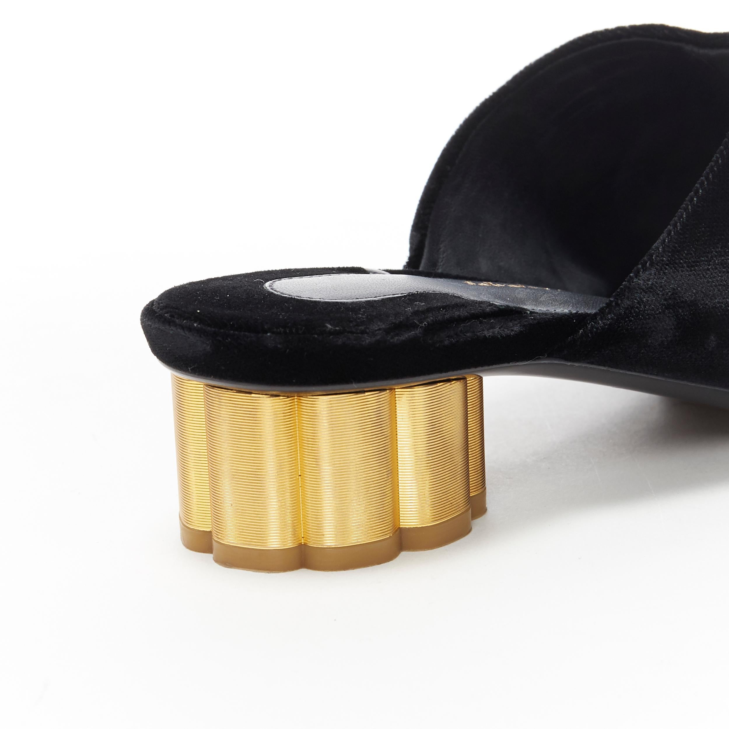 SALVATORE FERRAGAMO black velvet gold sculpted heel almond toe mule heel EU37 3