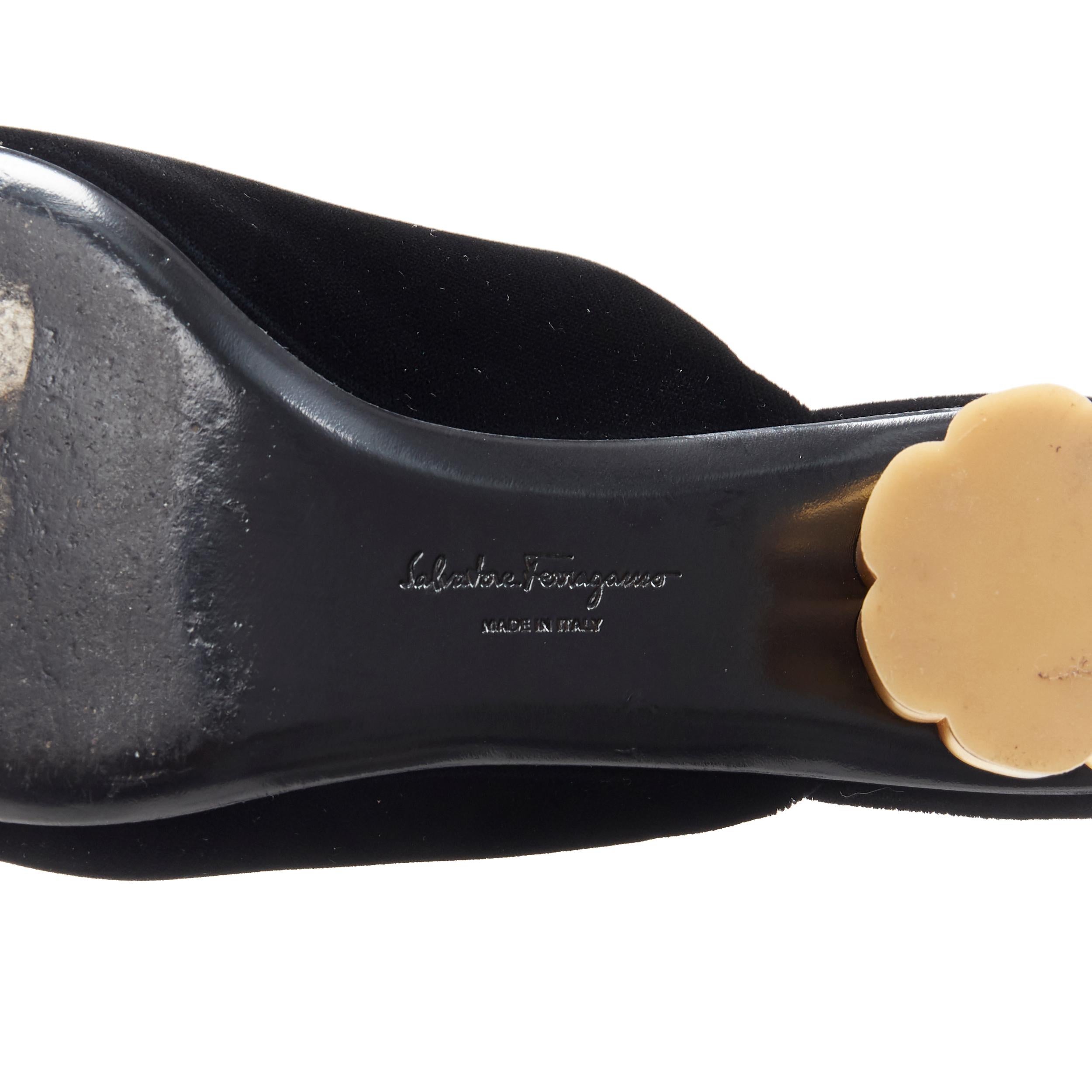 SALVATORE FERRAGAMO black velvet gold sculpted heel almond toe mule heel EU37 4