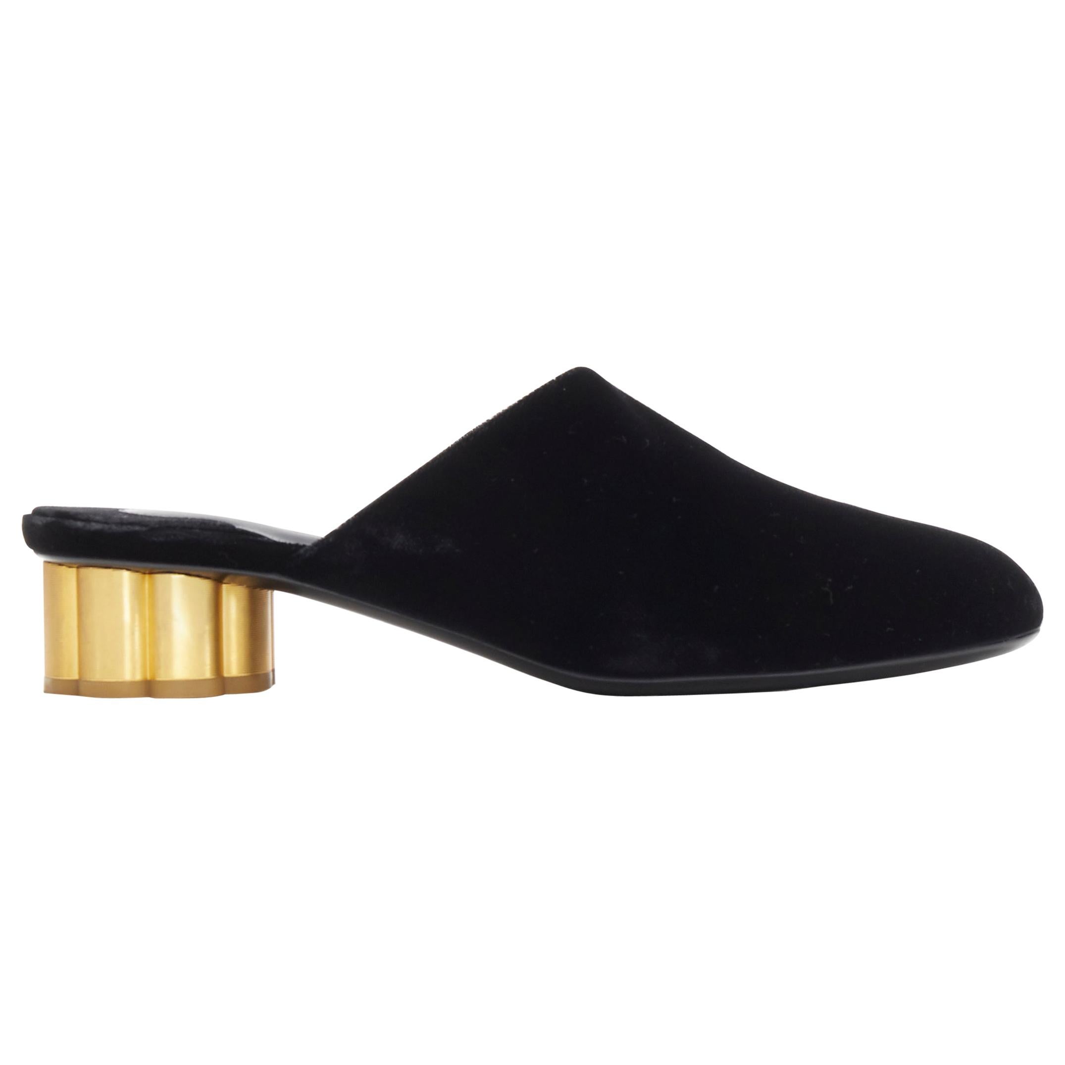 SALVATORE FERRAGAMO black velvet gold sculpted heel almond toe mule heel EU37