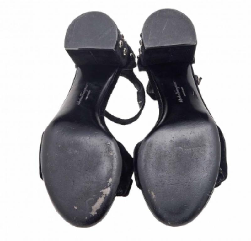 Salvatore Ferragamo Black Velvet Studded Block Heel Ankle Strap Sandals Size 38 For Sale 4